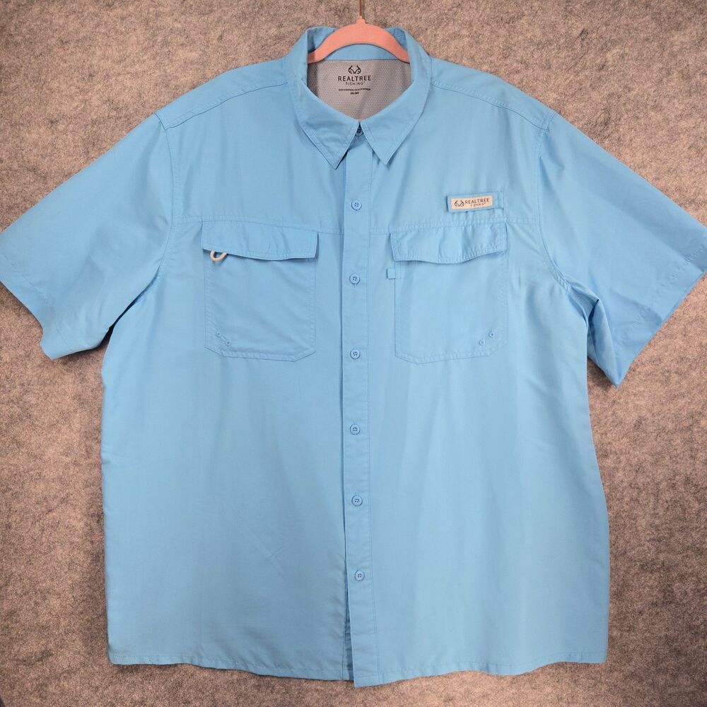 REALTREE Fishing Shirt Button Down Short Sleeve Vented Men's 2XL Light Blue